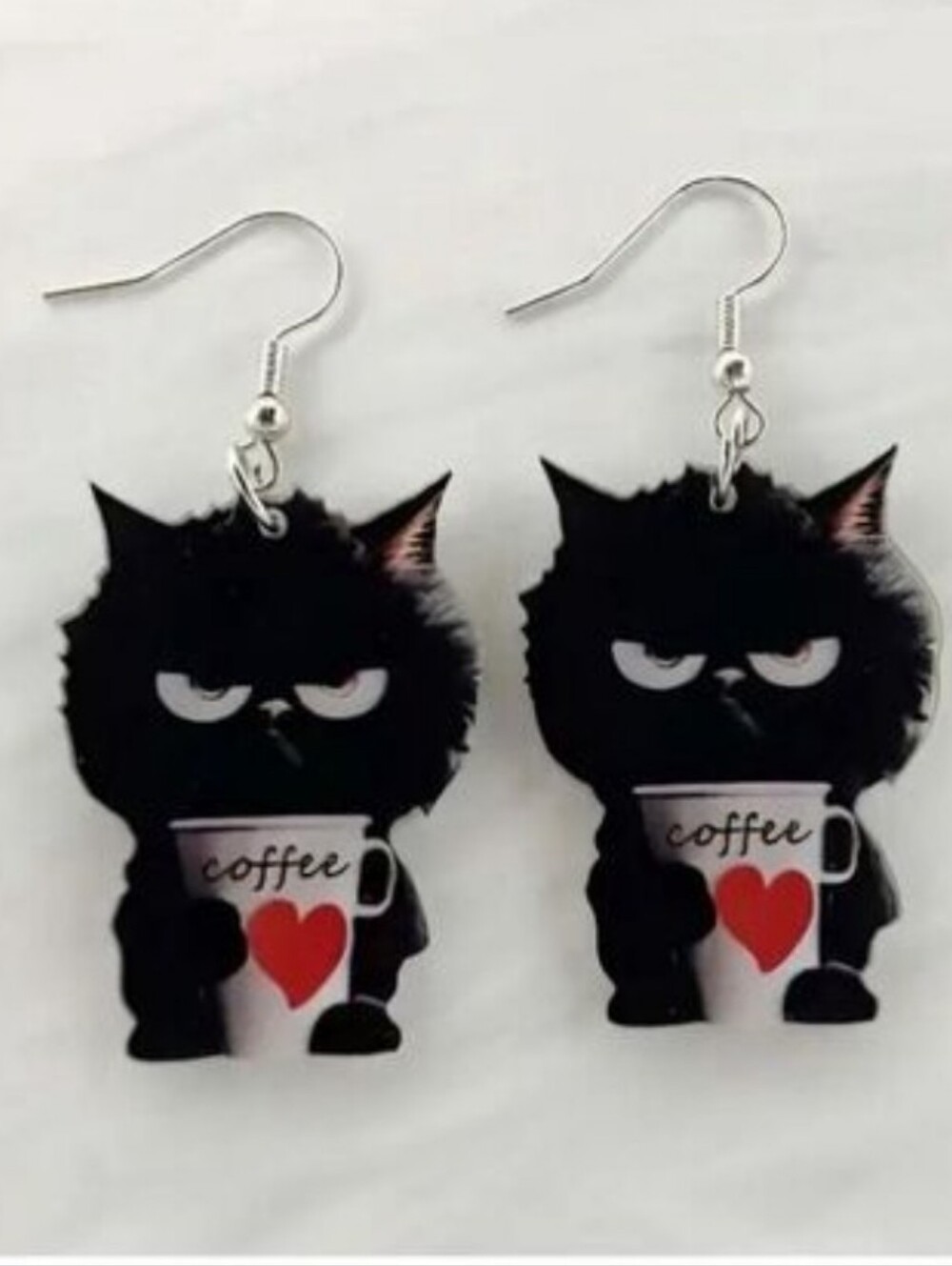 Black cat holding a coffee dangle earrings - Picture 4 of 6
